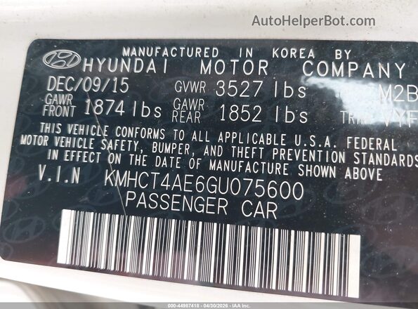KMHCT4AE6GU075600 2016 HYUNDAI ACCENT Silver Вид підкапотного простору