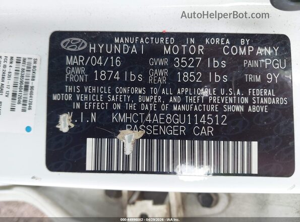 KMHCT4AE8GU114512 2016 HYUNDAI ACCENT White Շարժիչի բաժամունքի տեսք