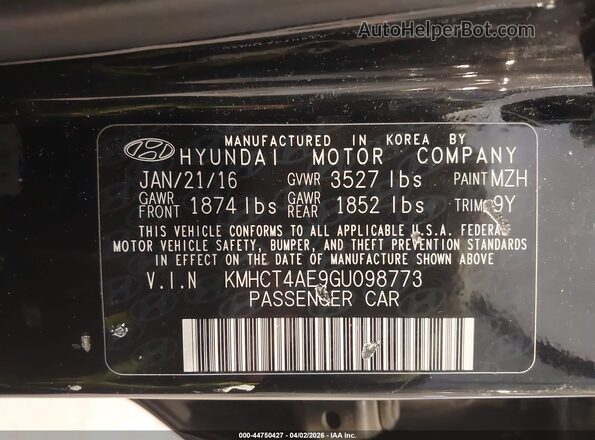 KMHCT4AE9GU098773 2016 HYUNDAI ACCENT Black Вид підкапотного простору