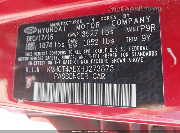 KMHCT4AEXHU273873 2017 HYUNDAI ACCENT Burgundy 