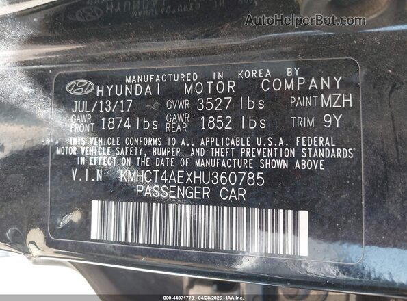 KMHCT4AEXHU360785 2017 HYUNDAI ACCENT Black Вид підкапотного простору