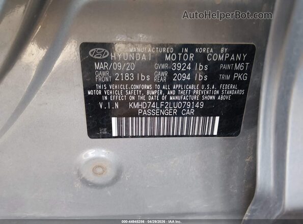 KMHD74LF2LU079149 2020 HYUNDAI ELANTRA Silver ძრავის განყოფილების ხედი