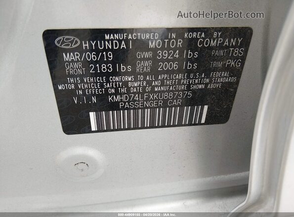 KMHD74LFXKU887375 2019 HYUNDAI ELANTRA Silver Widok komory silnika