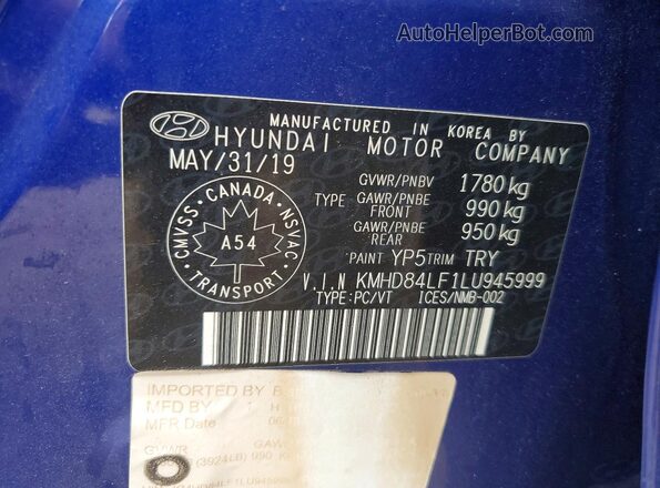 KMHD84LF1LU945999 2020 HYUNDAI ELANTRA Blue Շարժիչի բաժամունքի տեսք