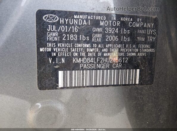 KMHD84LF2HU245612 2017 HYUNDAI ELANTRA Gray Vista del compartimento del motor