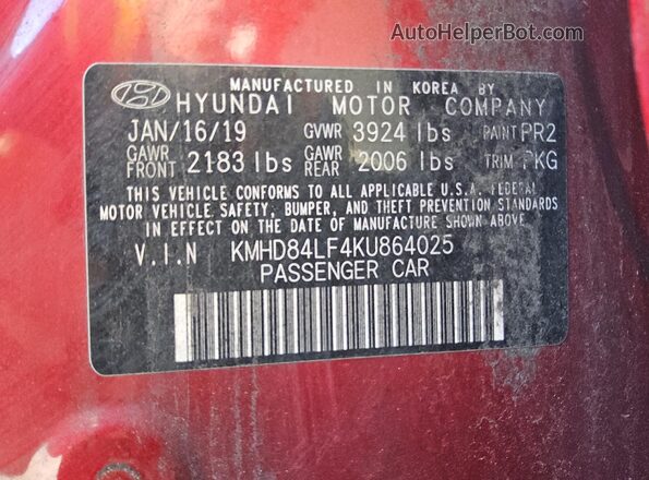 KMHD84LF4KU864025 2019 HYUNDAI ELANTRA Red 