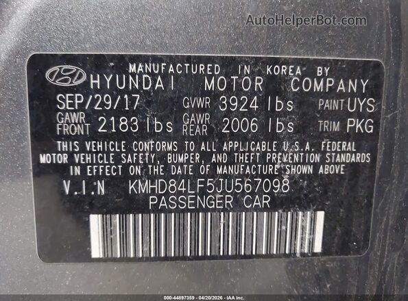 KMHD84LF5JU567098 2018 HYUNDAI ELANTRA Gray 