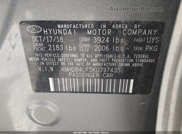KMHD84LF5KU797435 2019 HYUNDAI ELANTRA Gray ძრავის განყოფილების ხედი