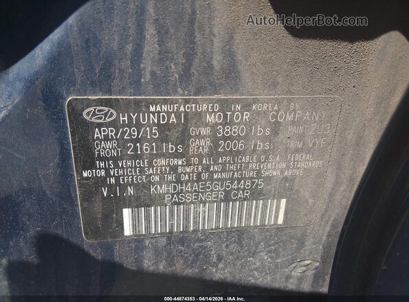 KMHDH4AE5GU544875 2016 HYUNDAI ELANTRA Blue Vista del compartimento del motor