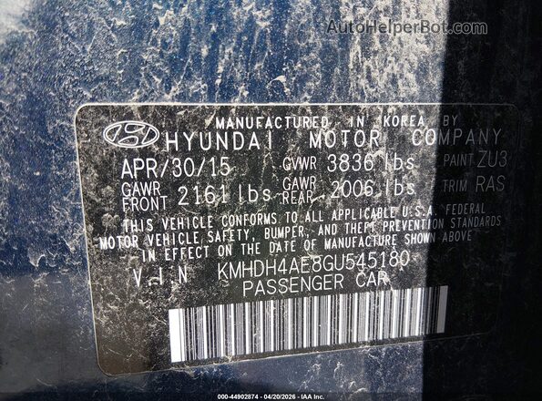 KMHDH4AE8GU545180 2016 HYUNDAI ELANTRA Blue ძრავის განყოფილების ხედი