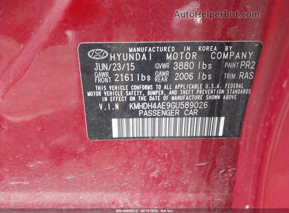 KMHDH4AE9GU589026 2016 HYUNDAI ELANTRA Burgundy ძრავის განყოფილების ხედი