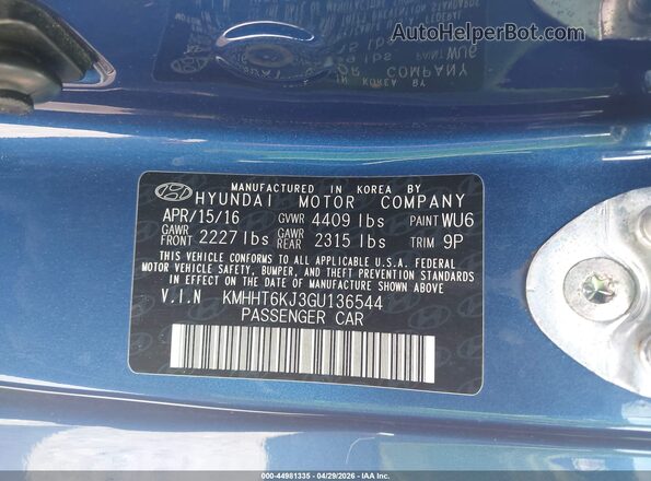 KMHHT6KJ3GU136544 2016 HYUNDAI GENESIS Blue Շարժիչի բաժամունքի տեսք