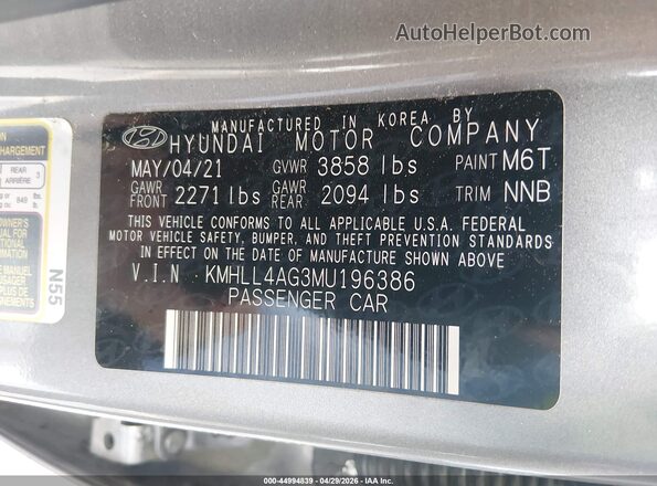 KMHLL4AG3MU196386 2021 HYUNDAI ELANTRA Серебряный Вид подкапотного пространства