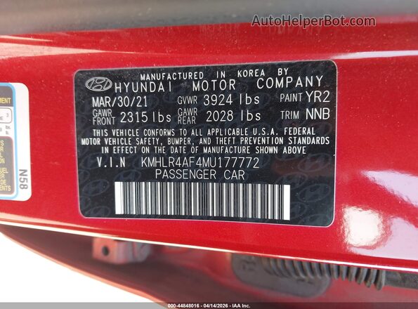 KMHLR4AF4MU177772 2021 HYUNDAI ELANTRA Red Շարժիչի բաժամունքի տեսք
