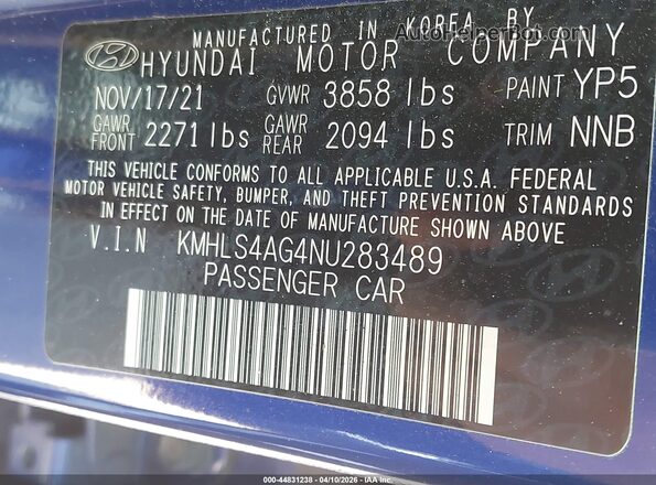 KMHLS4AG4NU283489 2022 HYUNDAI ELANTRA Blue ძრავის განყოფილების ხედი