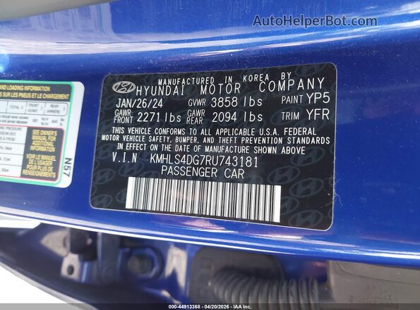 KMHLS4DG7RU743181 2024 HYUNDAI ELANTRA Blue Շարժիչի բաժամունքի տեսք