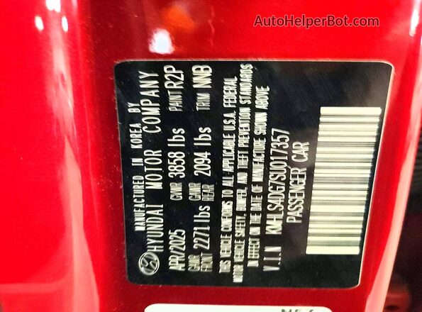 KMHLS4DG7SU017357 2025 HYUNDAI ELANTRA Red Vista de la etiqueta del VIN