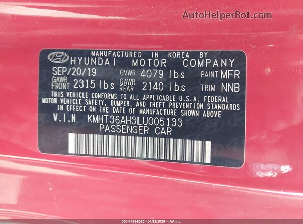 KMHT36AH3LU005133 2020 HYUNDAI VELOSTER N Красный Вид подкапотного пространства