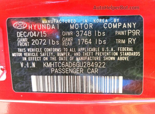 KMHTC6AD6GU284922 2016 HYUNDAI VELOSTER Красный Вид наклейки с VIN-кодом