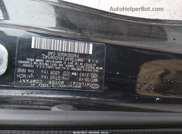 KMHTG6AF1KU006542 2019 HYUNDAI VELOSTER Black Widok naklejki z numerem VIN