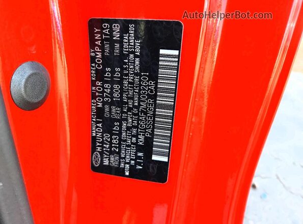KMHTG6AF7MU032601 2021 HYUNDAI VELOSTER Red VIN կոդի պիտակի տեսք