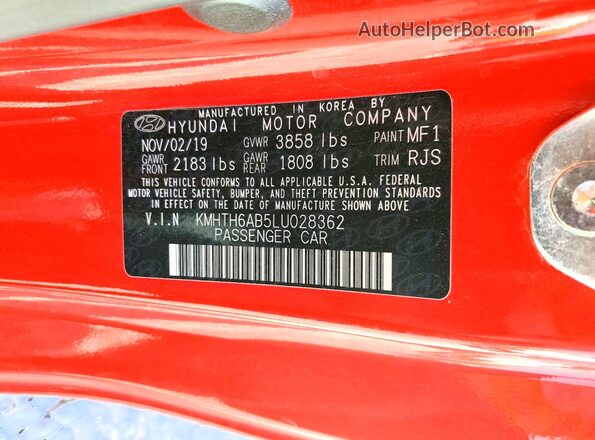 KMHTH6AB5LU028362 2020 HYUNDAI VELOSTER Red 