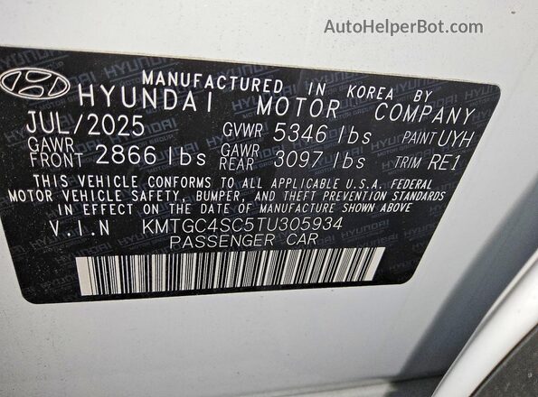 KMTGC4SC5TU305934 2026 GENESIS G80 White VIN կոդի պիտակի տեսք