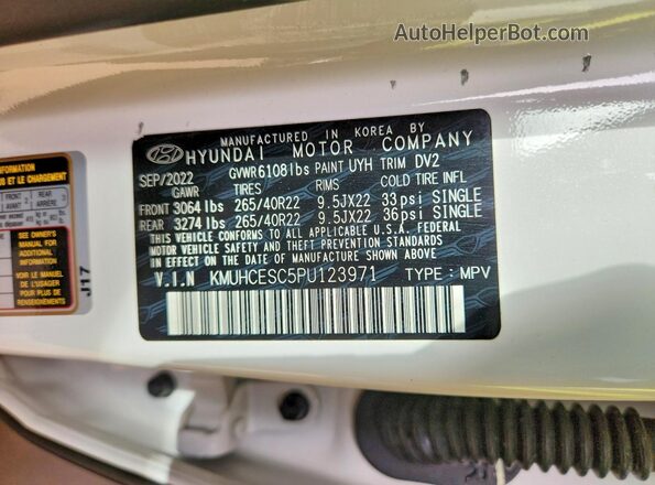 KMUHCESC5PU123971 2023 GENESIS GV80 White VIN sticker view