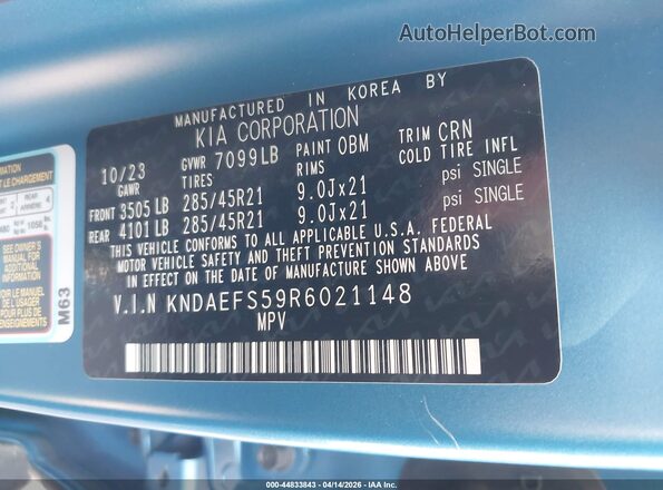 KNDAEFS59R6021148 2024 KIA EV9 Blue Вид підкапотного простору