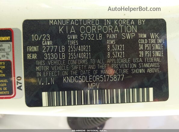 KNDC5DLE0R5175877 2024 KIA EV6 White 