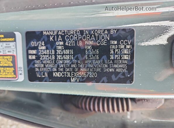 KNDCT3LEXR5167320 2024 KIA NIRO Green Widok naklejki z numerem VIN