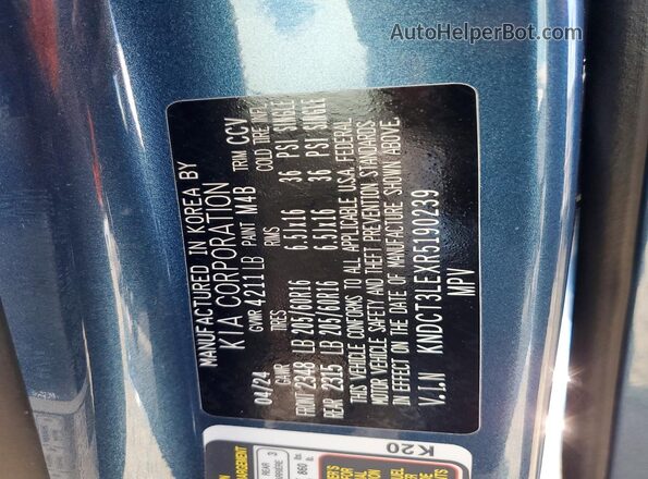 KNDCT3LEXR5190239 2024 KIA NIRO Blue Vista de la etiqueta del VIN