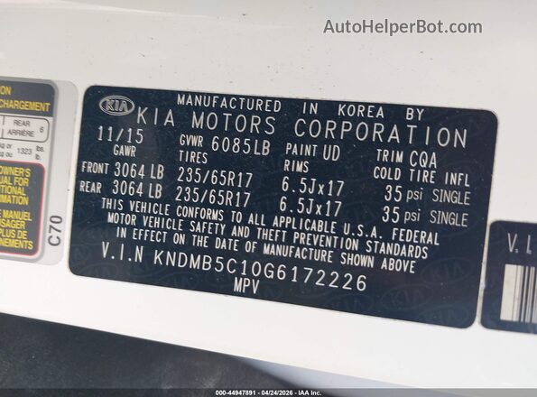 KNDMB5C10G6172226 2016 KIA SEDONA White ძრავის განყოფილების ხედი