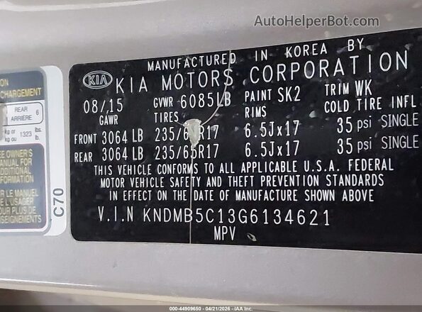 KNDMB5C13G6134621 2016 KIA SEDONA Champagne Вид подкапотного пространства