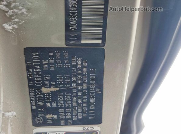 KNDMB5C14G6090113 2016 KIA SEDONA Beige Widok naklejki z numerem VIN