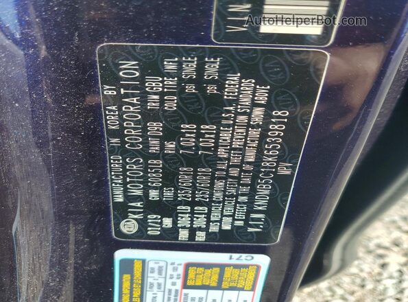 KNDMB5C18K6539818 2019 KIA SEDONA Blue VIN կոդի պիտակի տեսք