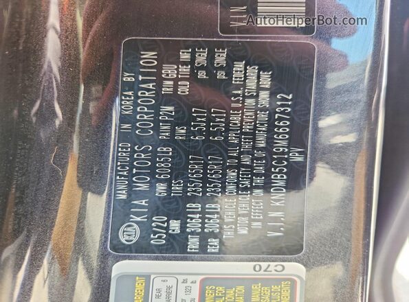 KNDMB5C19M6667312 2021 KIA SEDONA Gray VIN კოდის სტიკერის ხედი