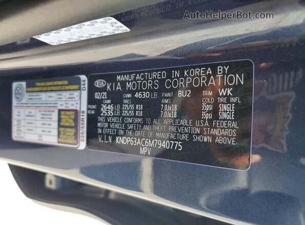 KNDP63AC6M7940775 2021 KIA SPORTAGE Blue Вид наклейки з VIN-кодом