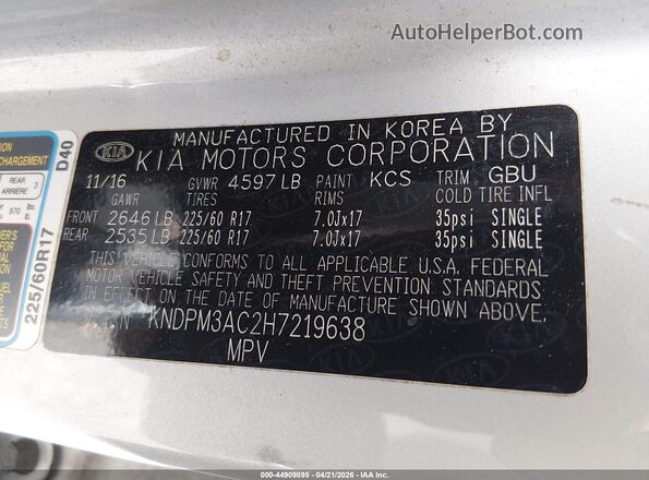 KNDPM3AC2H7219638 2017 KIA SPORTAGE Silver Vista del compartimento del motor