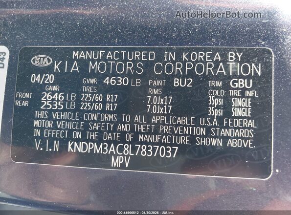 KNDPM3AC8L7837037 2020 KIA SPORTAGE Blue Engine compartment view
