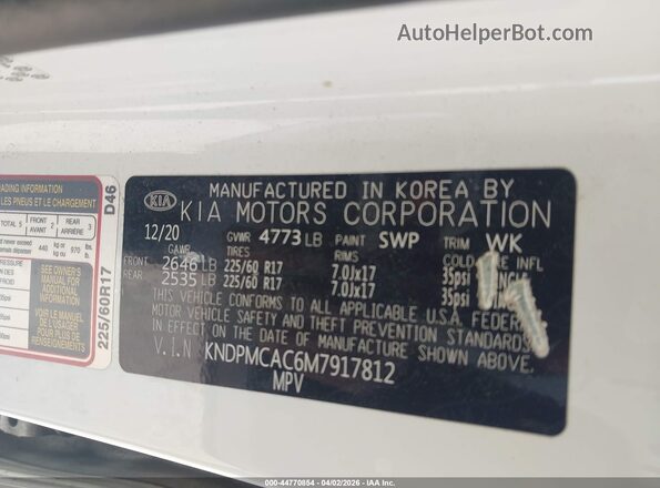 KNDPMCAC6M7917812 2021 KIA SPORTAGE White Շարժիչի բաժամունքի տեսք