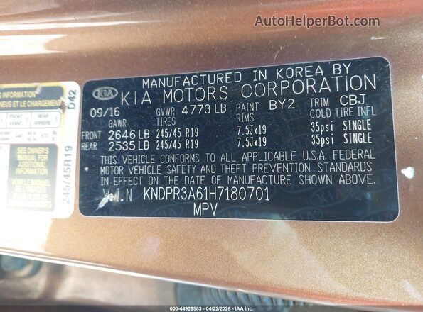 KNDPR3A61H7180701 2017 KIA SPORTAGE Brown Vista del compartimento del motor