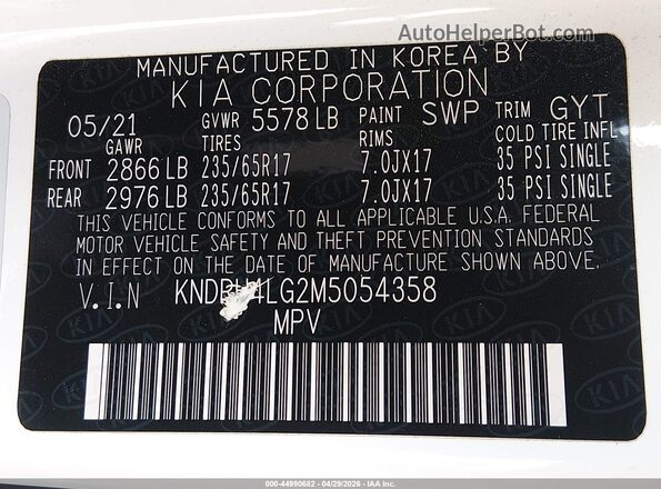 KNDRH4LG2M5054358 2021 KIA SORENTO HYBRID White 