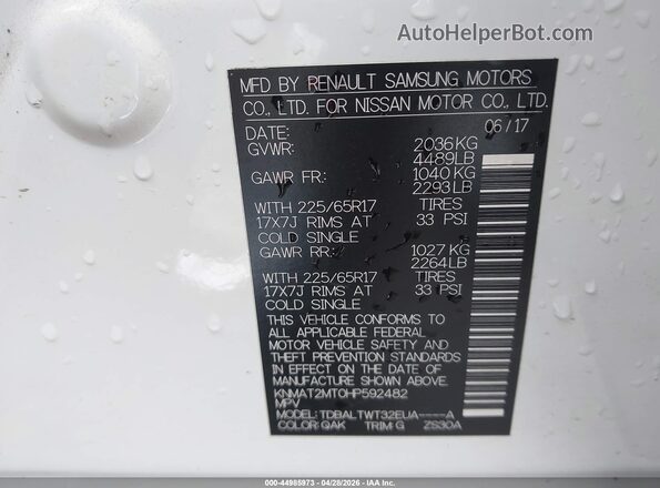 KNMAT2MT0HP592482 2017 NISSAN ROGUE White ძრავის განყოფილების ხედი