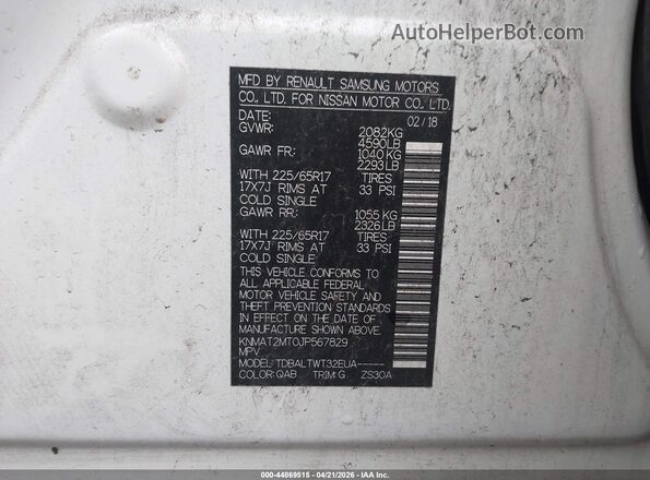 KNMAT2MT0JP567829 2018 NISSAN ROGUE White 