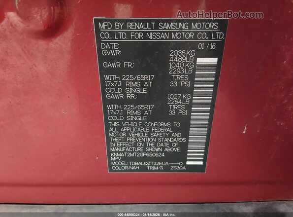 KNMAT2MT2GP650624 2016 NISSAN ROGUE Red Вид підкапотного простору