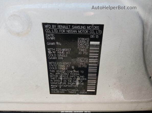 KNMAT2MT3GP593706 2016 NISSAN ROGUE White ძრავის განყოფილების ხედი