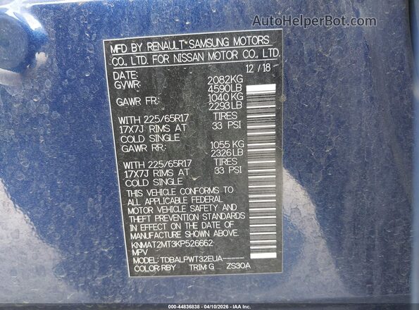 KNMAT2MT3KP526662 2019 NISSAN ROGUE Blue 