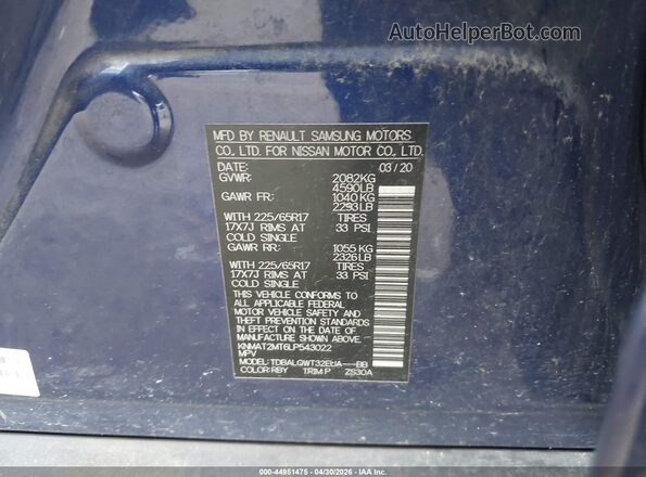 KNMAT2MT6LP543022 2020 NISSAN ROGUE Blue Widok komory silnika