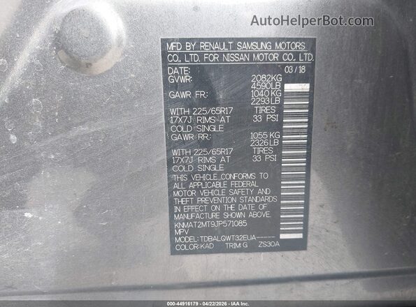 KNMAT2MT9JP571085 2018 NISSAN ROGUE Gray Շարժիչի բաժամունքի տեսք